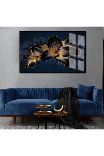 Harikabirev HARİKABİREV|LACİVERT-GOLD SOYUT ÇİÇEK ART 2|ÇERÇEVELİ TEMPERLİ CAM TABLO TEKLİ YATAY ürün görseli