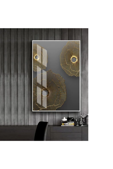 Harikabirev HARİKABİREV|GOLD-SİYAH SEVİLEN SOYUT ŞEKİL 2 |ÇERÇEVELİ TEMPERLİ CAM TABLO TEKLİ DİKEY