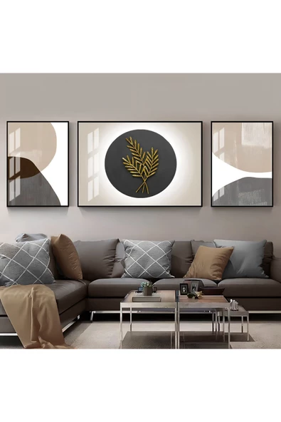 Harikabirev HARİKABİREV|GOOLD-GRİ-KREM YAPRAK DESEN SEVİLEN KOMBİNİ 01 |ÇERÇEVELİ TEMPERLİ CAM TABLO 3LÜ YATAY ürün görseli