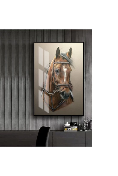 Harikabirev HARİKABİREV|KAHVERENGİ-KREM SEVİLEN AT TABLOSU 1 |ÇERÇEVELİ TEMPERLİ CAM TABLO TEKLİ DİKEY ürün görseli