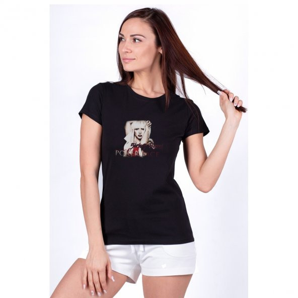 Lady Gaga Poker Face Baskılı Siyah Kadın Örme Tshirt