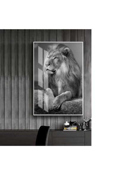Harikabirev HARİKABİREV|SİYAH-BEYAZ SEVİLEN ASLAN TABLOSU 1 |ÇERÇEVELİ TEMPERLİ CAM TABLO TEKLİ DİKEY ürün görseli