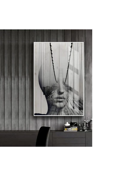 Harikabirev HARİKABİREV|SİYAH BEYAZ SOYUT ABSTRACT KADIN 2 |ÇERÇEVELİ TEMPERLİ CAM TABLO TEKLİ DİKEY - Resim 2