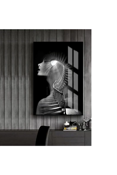Harikabirev HARİKABİREV|SİYAH BEYAZ SOYUT ABSTRACT KADIN 3 |ÇERÇEVELİ TEMPERLİ CAM TABLO TEKLİ DİKEY ürün görseli