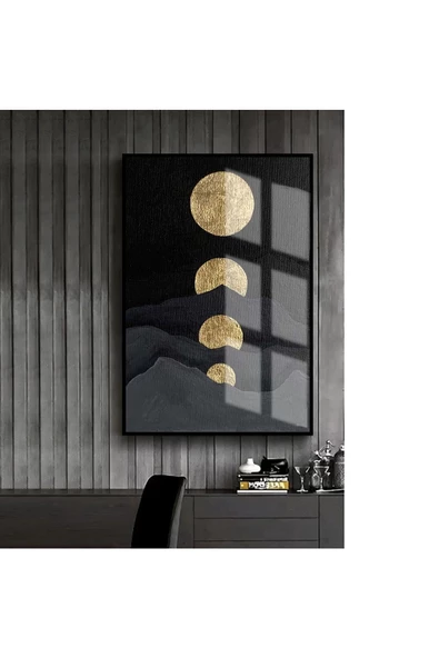 Harikabirev HARİKABİREV|SİYAH-GOLD SOYUT ABSTRACT AY-MONTH |ÇERÇEVELİ TEMPERLİ CAM TABLO TEKLİ DİKEY ürün görseli