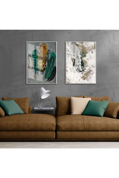 Harikabirev HARİKABİREV|ZÜMRÜT YEŞİL RENK SOYUT-TÜY KOMBİNİ |ÇERÇEVELİ CAM TABLO 2Lİ DİKEY ürün görseli