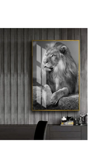 Harikabirev HARİKABİREV|SİYAH-BEYAZ SEVİLEN ASLAN TABLOSU 1 |ÇERÇEVELİ TEMPERLİ CAM TABLO TEKLİ DİKEY ürün görseli