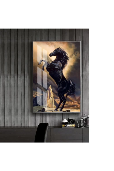 Harikabirev HARİKABİREV|SİYAH-GOLD SEVİLEN ŞAHLANAN AT TABLOSU 1 |ÇERÇEVELİ TEMPERLİ CAM TABLO TEKLİ DİKEY ürün görseli