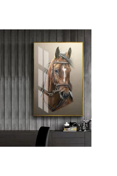 Harikabirev HARİKABİREV|KAHVERENGİ-KREM SEVİLEN AT TABLOSU 1 |ÇERÇEVELİ TEMPERLİ CAM TABLO TEKLİ DİKEY ürün görseli