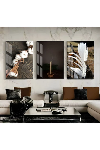 Harikabirev HARİKABİREV|NOSTALJİK MUM TÜY ÇİÇEK KOMBİNİ |ÇERÇEVELİ CAM TABLO 3LÜ DİKEY ürün görseli