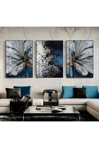 Harikabirev HARİKABİREV|LACİVERT-GÜMÜŞ-GOLD YAPRAK- SOYUT ABSTRACT KOMBİNİ|ÇERÇEVELİ CAM TABLO 3LÜ DİKEY - Resim 2