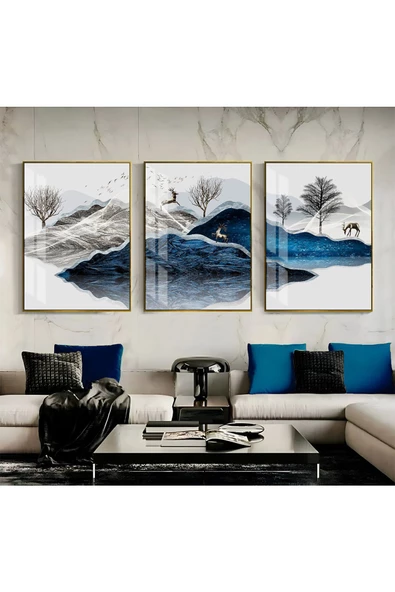 Harikabirev HARİKABİREV|LACİVERT-GÜMÜŞ GEYİK MANZARA KOMBİNİ |ÇERÇEVELİ CAM TABLO 3LÜ DİKEY ürün görseli