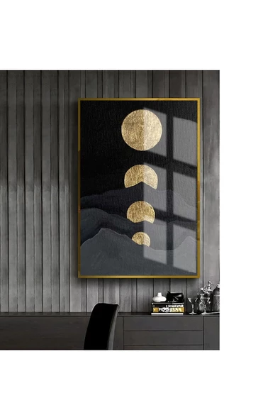 Harikabirev HARİKABİREV|SİYAH-GOLD SOYUT ABSTRACT AY-MONTH |ÇERÇEVELİ TEMPERLİ CAM TABLO TEKLİ DİKEY ürün görseli