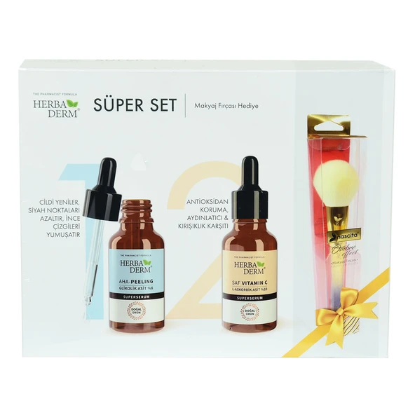 HerbaDerm Süper Set Superserum Aha-Peeling 30 ML + Saf Vitamin C 30 ML + Hediye Makyaj Fırçası ürün görseli 1