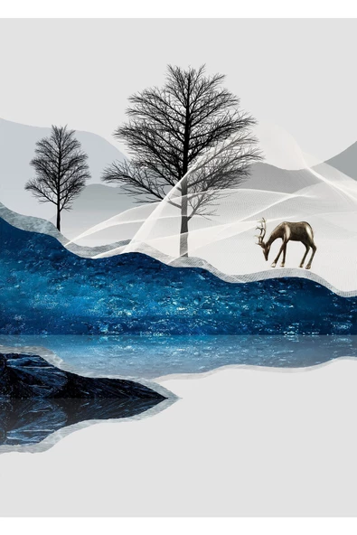 Harikabirev HARİKABİREV|LACİVERT-GÜMÜŞ GEYİK MANZARA KOMBİNİ |ÇERÇEVELİ CAM TABLO 3LÜ DİKEY - Resim 3