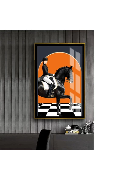 Harikabirev HARİKABİREV|KADIN JOKEY-SİYAH BEYAZ TURUNCU |ÇERÇEVELİ TEMPERLİ CAM TABLO TEKLİ DİKEY ürün görseli