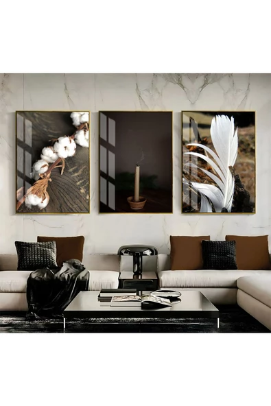 Harikabirev HARİKABİREV|NOSTALJİK MUM TÜY ÇİÇEK KOMBİNİ |ÇERÇEVELİ CAM TABLO 3LÜ DİKEY ürün görseli