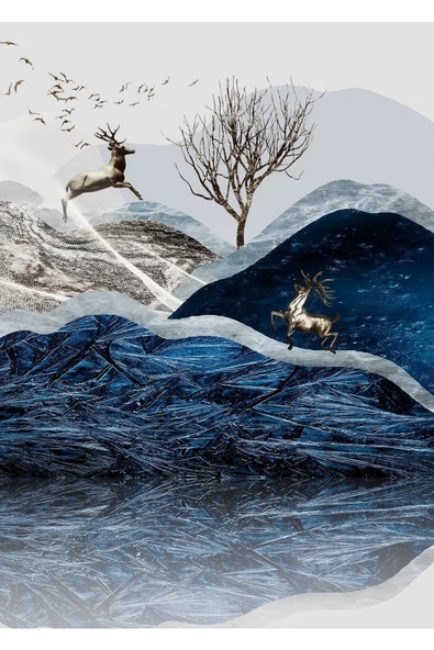 Harikabirev HARİKABİREV|LACİVERT-GÜMÜŞ GEYİK MANZARA KOMBİNİ |ÇERÇEVELİ CAM TABLO 3LÜ DİKEY - Resim 4