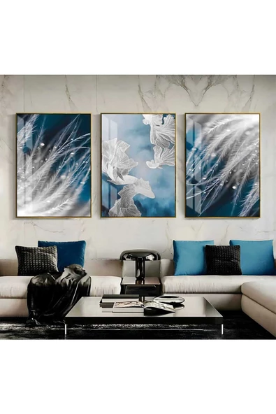 Harikabirev HARİKABİREV|DENİZ MAVİSİ TÜY-SOYUT KOMBİNİ 3 |ÇERÇEVELİ CAM TABLO 3LÜ DİKEY ürün görseli