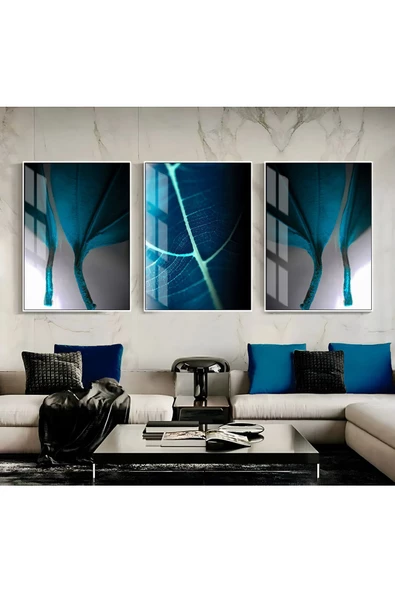 Harikabirev HARİKABİREV|MAVİ-YEŞİL YAPRAK SOYUT KOMBİNİ |ÇERÇEVELİ CAM TABLO 3LÜ DİKEY ürün görseli