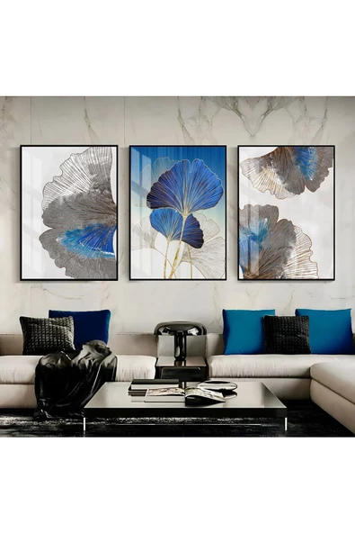 Harikabirev HARİKABİREV|LACİVERT-GÜMÜŞ SONSUZLUK ÇİÇEĞİ- SOYUT 3|ÇERÇEVELİ CAM TABLO 3LÜ DİKEY ürün görseli
