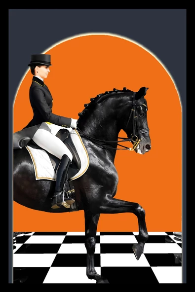 Harikabirev HARİKABİREV|KADIN JOKEY-SİYAH BEYAZ TURUNCU |ÇERÇEVELİ TEMPERLİ CAM TABLO TEKLİ DİKEY - Resim 2