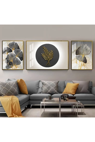 Harikabirev HARİKABİREV|SİYAH GOLD SONSUZLUK ÇİÇEĞİ KOMBİNİ|ÇERÇEVELİ TEMPERLİ CAM TABLO 3LÜ YATAY ürün görseli