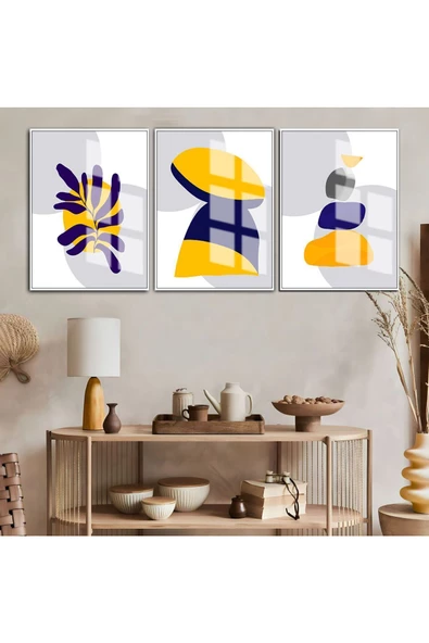 Harikabirev HARİKABİREV|VEKTÖREL ÇİÇEK KOMBİNİ SARI LACİVERT |ÇERÇEVELİ CAM TABLO 3LÜ DİKEY ürün görseli
