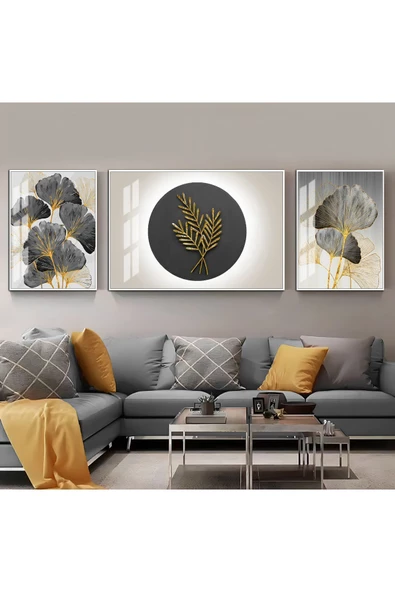 Harikabirev HARİKABİREV|SİYAH GOLD SONSUZLUK ÇİÇEĞİ KOMBİNİ|ÇERÇEVELİ TEMPERLİ CAM TABLO 3LÜ YATAY ürün görseli