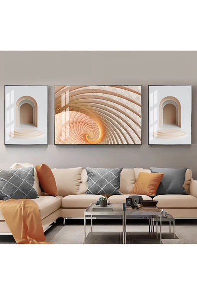 Harikabirev HARİKABİREV|TURUNCU-BEYAZ-GOLD SOYUT ŞEKİL KOMBİNİ|ÇERÇEVELİ TEMPERLİ CAM TABLO 3LÜ YATAY ürün görseli
