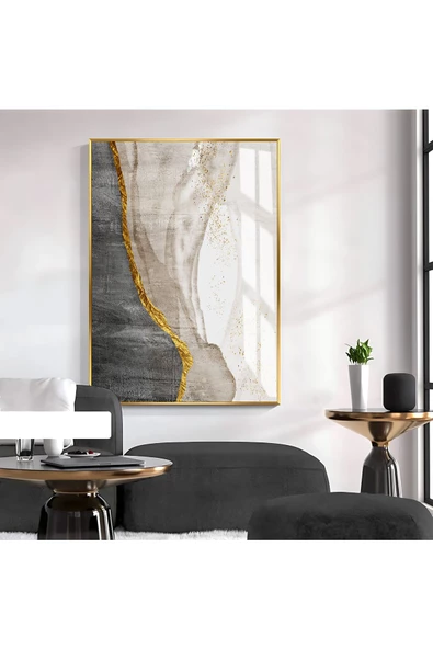 Harikabirev HARİKABİREV|SOYUT GOLD-SİYAH-GRİ ELEGANT DESENLİ MODEL III |ÇERÇEVELİ TEMPERLİ CAM TABLO TEKLİ DİKEY ürün görseli
