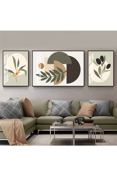 Harikabirev HARİKABİREV|HAKİ YEŞİLİ VEKTÖREL ÇİÇEK KOMBİNİ|ÇERÇEVELİ TEMPERLİ CAM TABLO 3LÜ YATAY ürün görseli