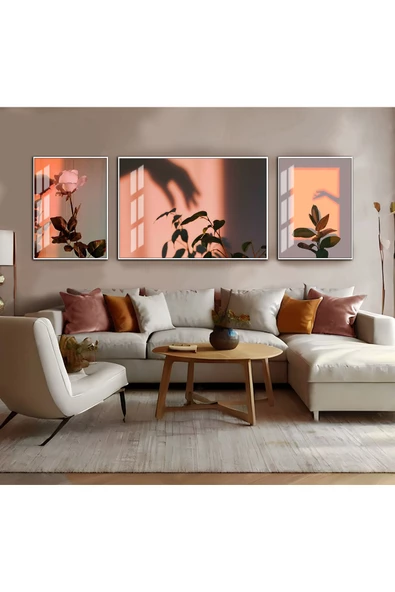 Harikabirev HARİKABİREV|SOFT PEMBE TONLU RENK ÇİÇEKLİ KOMBİNİ |ÇERÇEVELİ TEMPERLİ CAM TABLO 3LÜ YATAY ürün görseli