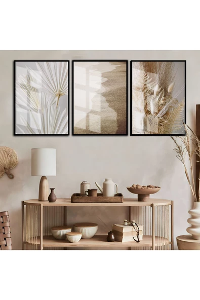 Harikabirev HARİKABİREV|SOFT RENK PÜSKÜL VE ÇİÇEK KOMBİNİ BEYAZ KREM |ÇERÇEVELİ CAM TABLO 3LÜ DİKEY ürün görseli