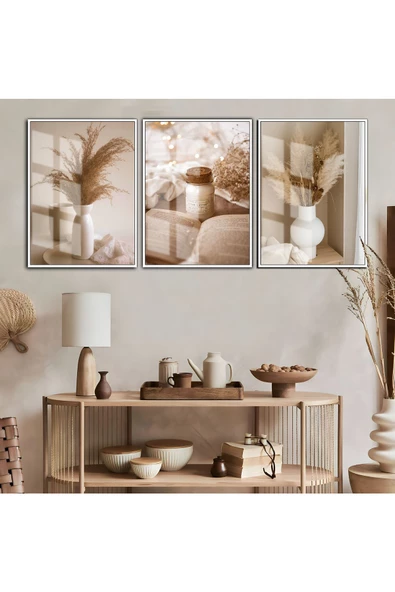 Harikabirev HARİKABİREV|SOFT RENK PÜSKÜL VE MUM KOMBİNİ BEYAZ KREM |ÇERÇEVELİ CAM TABLO 3LÜ DİKEY ürün görseli