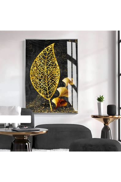 Harikabirev HARİKABİREV|GOLD-SİYAH YAPRAK DESENLİ MODEL 02 |ÇERÇEVELİ TEMPERLİ CAM TABLO TEKLİ DİKEY
