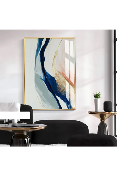 Harikabirev HARİKABİREV|TURKUAZ-GRİ-KREM SOYUT DESENLİ MODEL 2|ÇERÇEVELİ TEMPERLİ CAM TABLO TEKLİ DİKEY ürün görseli