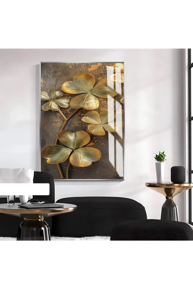 Harikabirev HARİKABİREV|GOLD ÇİÇEK DESENLİ MODEL 02|ÇERÇEVELİ TEMPERLİ CAM TABLO TEKLİ DİKEY ürün görseli