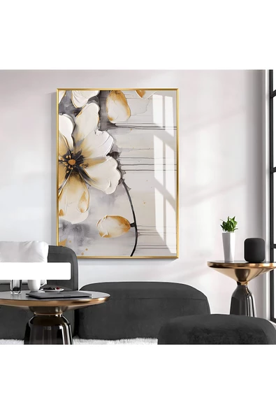 Harikabirev HARİKABİREV|GRİ-KREM-SİYAH ÇİÇEK DESENLİ MODEL 1|ÇERÇEVELİ TEMPERLİ CAM TABLO TEKLİ DİKEY ürün görseli