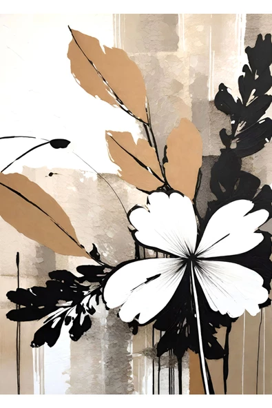 Harikabirev HARİKABİREV|BEJ-SİYAH-BEYAZ ÇİÇEK DESENLİ MODEL 1|ÇERÇEVELİ TEMPERLİ CAM TABLO TEKLİ DİKEY - Resim 2