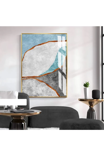 Harikabirev HARİKABİREV|SOYUT GRİ-GOLD-MAVİ ELEGANT SEVİLEN DESEN 02 |ÇERÇEVELİ TEMPERLİ CAM TABLO TEKLİ DİKEY ürün görseli