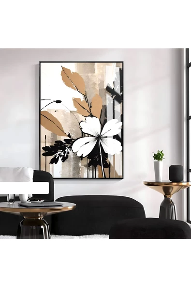 Harikabirev HARİKABİREV|BEJ-SİYAH-BEYAZ ÇİÇEK DESENLİ MODEL 1|ÇERÇEVELİ TEMPERLİ CAM TABLO TEKLİ DİKEY ürün görseli