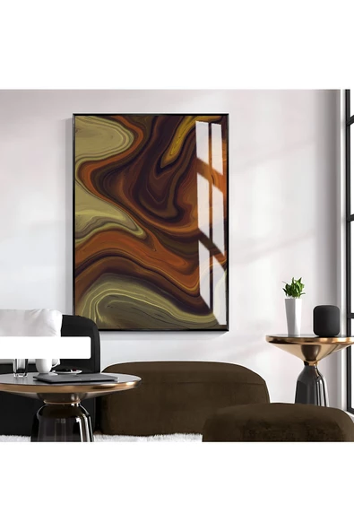 Harikabirev HARİKABİREV|SOYUT KAHVERENGİ-YEŞİL DESENLİ MODEL 2|ÇERÇEVELİ TEMPERLİ CAM TABLO TEKLİ DİKEY ürün görseli