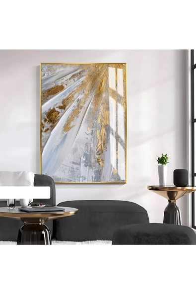 Harikabirev HARİKABİREV|GRİ-GOLD SOYUT DESENLİ MODEL 1|ÇERÇEVELİ TEMPERLİ CAM TABLO TEKLİ DİKEY