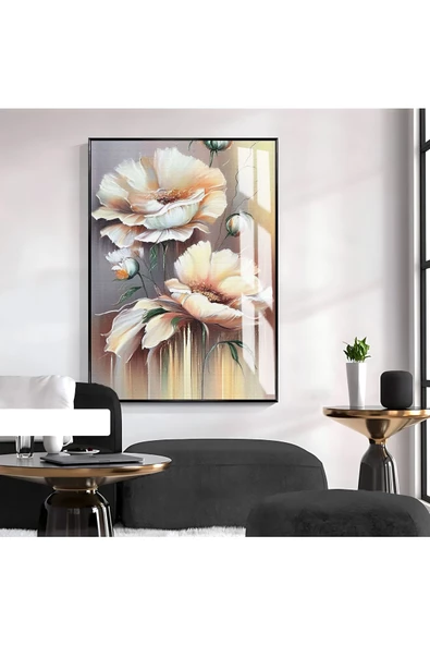 Harikabirev HARİKABİREV|KREM SEVİLEN ÇİÇEK DESENLİ MODEL 1|ÇERÇEVELİ TEMPERLİ CAM TABLO TEKLİ DİKEY ürün görseli