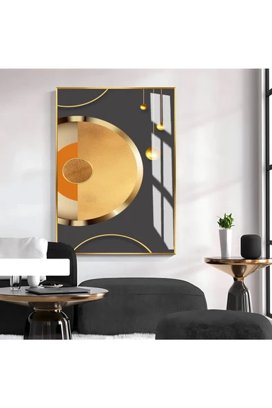 Harikabirev HARİKABİREV| GOLD-TURUNCU SOYUT MODEL 1 |ÇERÇEVELİ TEMPERLİ CAM TABLO TEKLİ DİKEY