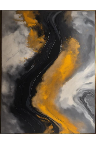 Harikabirev HARİKABİREV|SİYAH-SARI-GRİ SOYUT DESENLİ MODEL 002|ÇERÇEVELİ TEMPERLİ CAM TABLO TEKLİ DİKEY - Resim 2