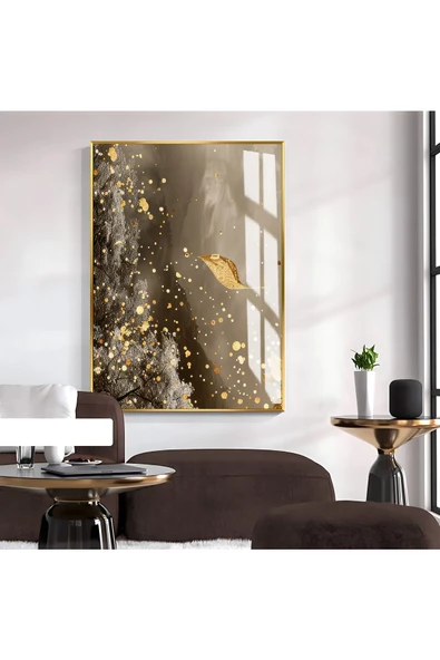 Harikabirev HARİKABİREV|KAHVERENGİ-GOLD YAPRAK DESEN SOYUT MODEL 1|ÇERÇEVELİ TEMPERLİ CAM TABLO TEKLİ DİKEY ürün görseli