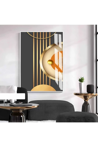 Harikabirev HARİKABİREV| GOLD-TURUNCU SOYUT MODEL 2 |ÇERÇEVELİ TEMPERLİ CAM TABLO TEKLİ DİKEY ürün görseli