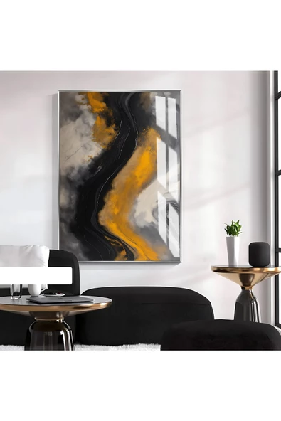 Harikabirev HARİKABİREV|SİYAH-SARI-GRİ SOYUT DESENLİ MODEL 002|ÇERÇEVELİ TEMPERLİ CAM TABLO TEKLİ DİKEY ürün görseli